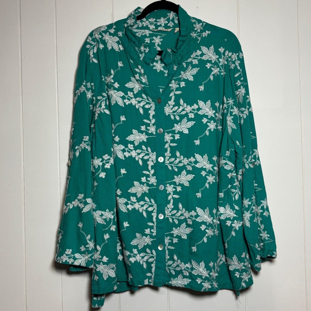 Soft Surroundings Teal Green Floral Embroidered Linen Blend Top Plus 3X Boho
